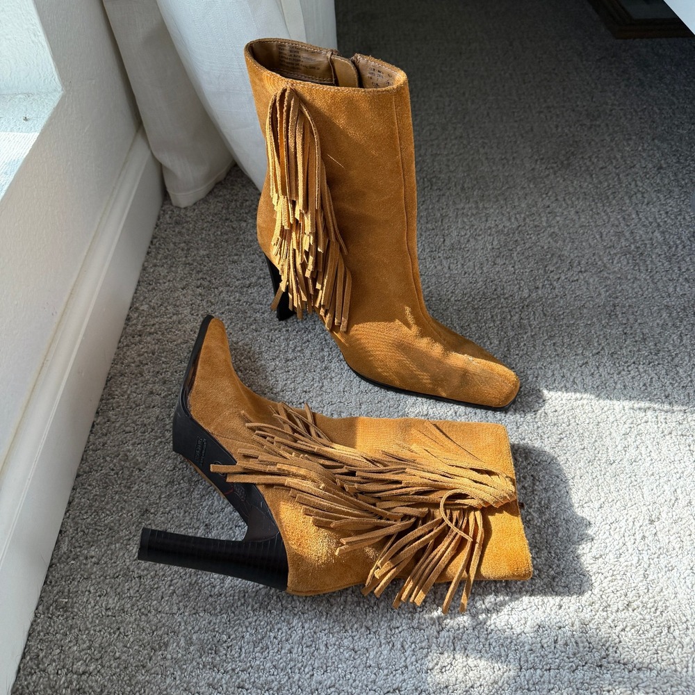 Y2K Vintage Suede Square Toe Fringe Ankle Boots 8.5 Camel Western Boho Cowgirl - Picture 3 of 9